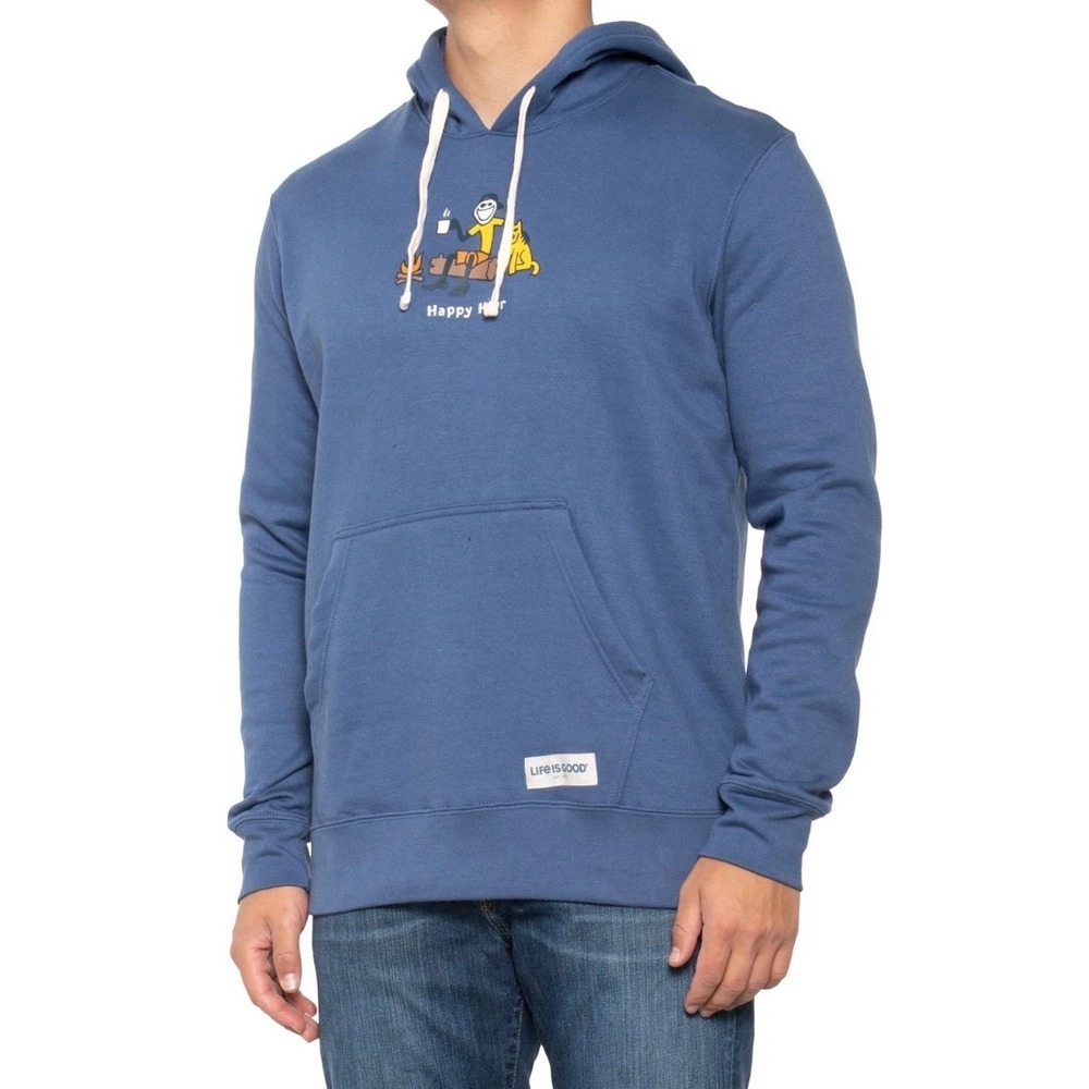 Life Is Good Hoodie Mens Size Medium Blue Happy Hour Campfire Dog Graphic